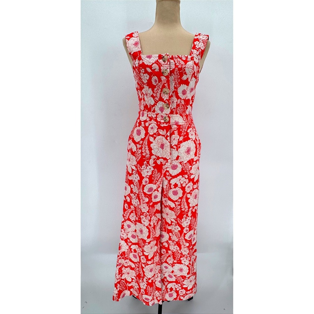Maeve Anthropologie The Colette Jumpsuit Red White Floral Wide Leg Size 2